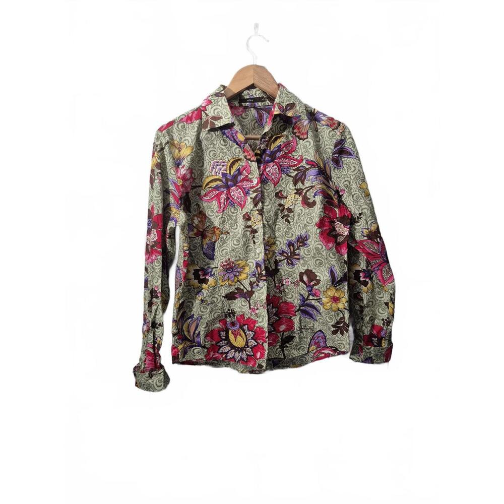 Alara Ladies Long Sleeve Cotton Button Front Shirt Green Pink Floral Motif Patte